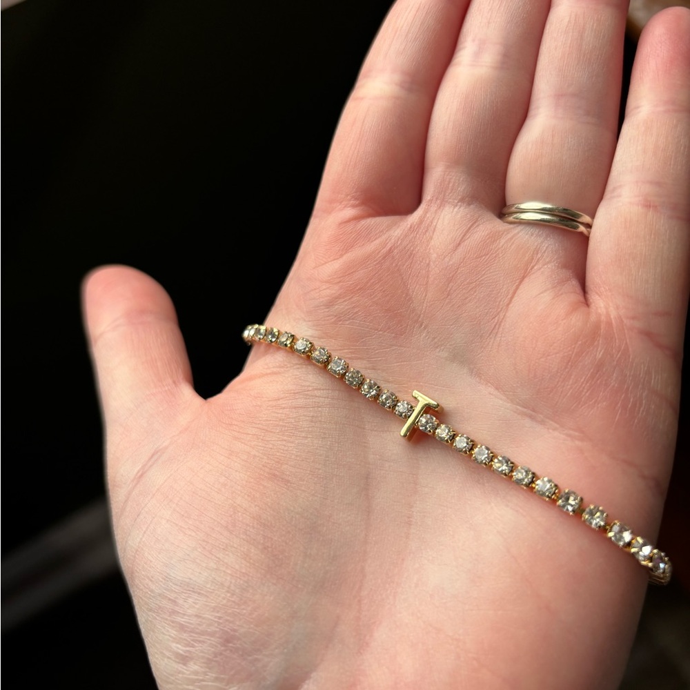 Gold Plated Initial “T” Adjustable BaubleBar Bracelet | Glass Stone Band |